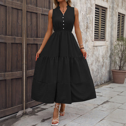 Sleeveless Tiered Maxi Dress with Button-Front V-Neck
