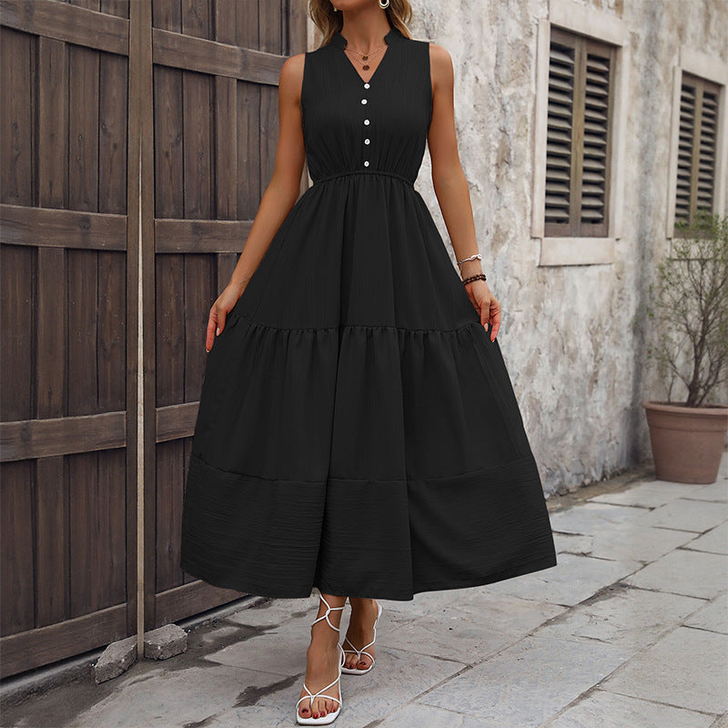High-Waist A-Line Maxi Dress with V-Neck and Tiered Skirt
