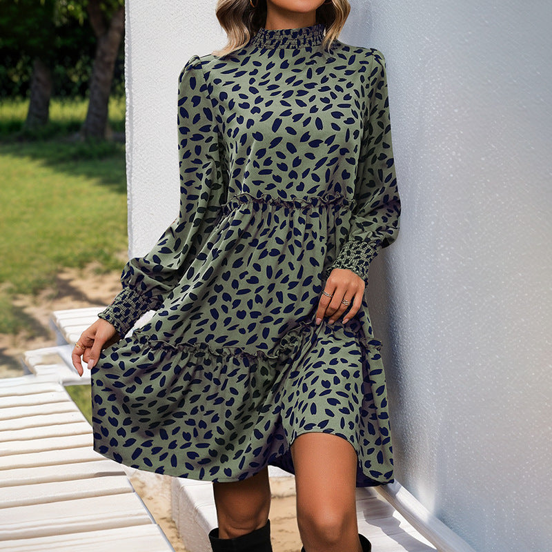 Animal Print Tiered Dress with Half Turtleneck