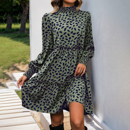 Animal Print Tiered Dress with Half Turtleneck