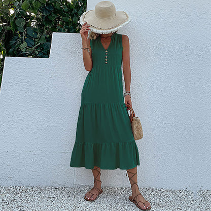 Solid A-Line Tiered Midi Dress with V-Neck and Sleeveless
