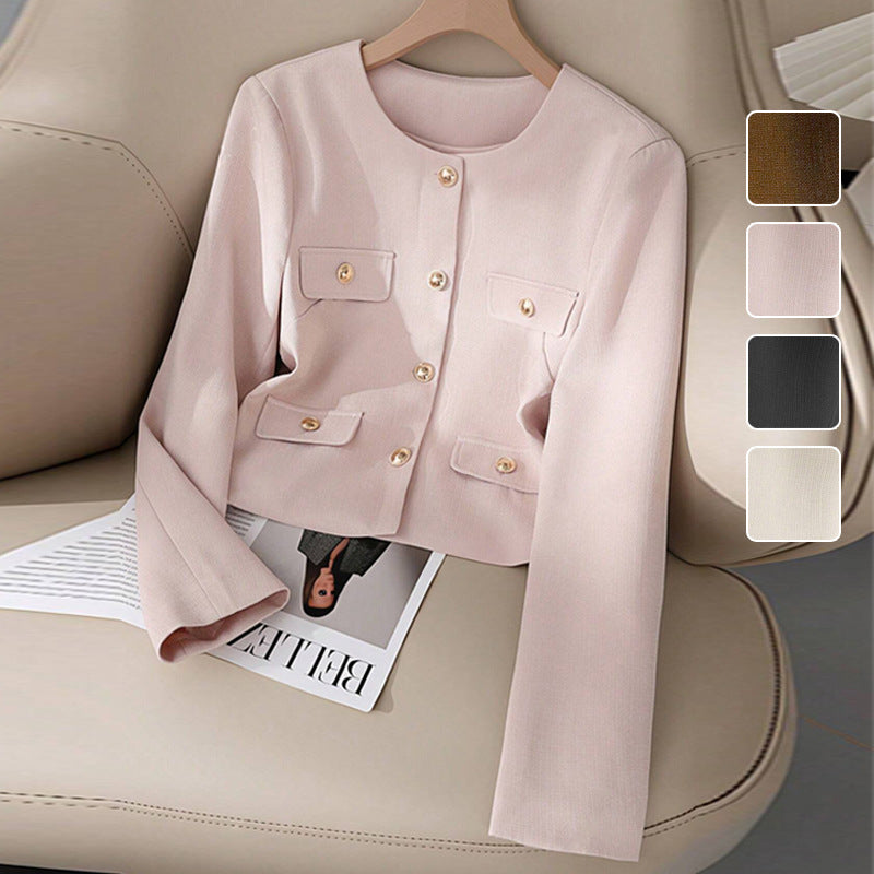 Cropped Collarless Jacket with Button-Flap Pockets