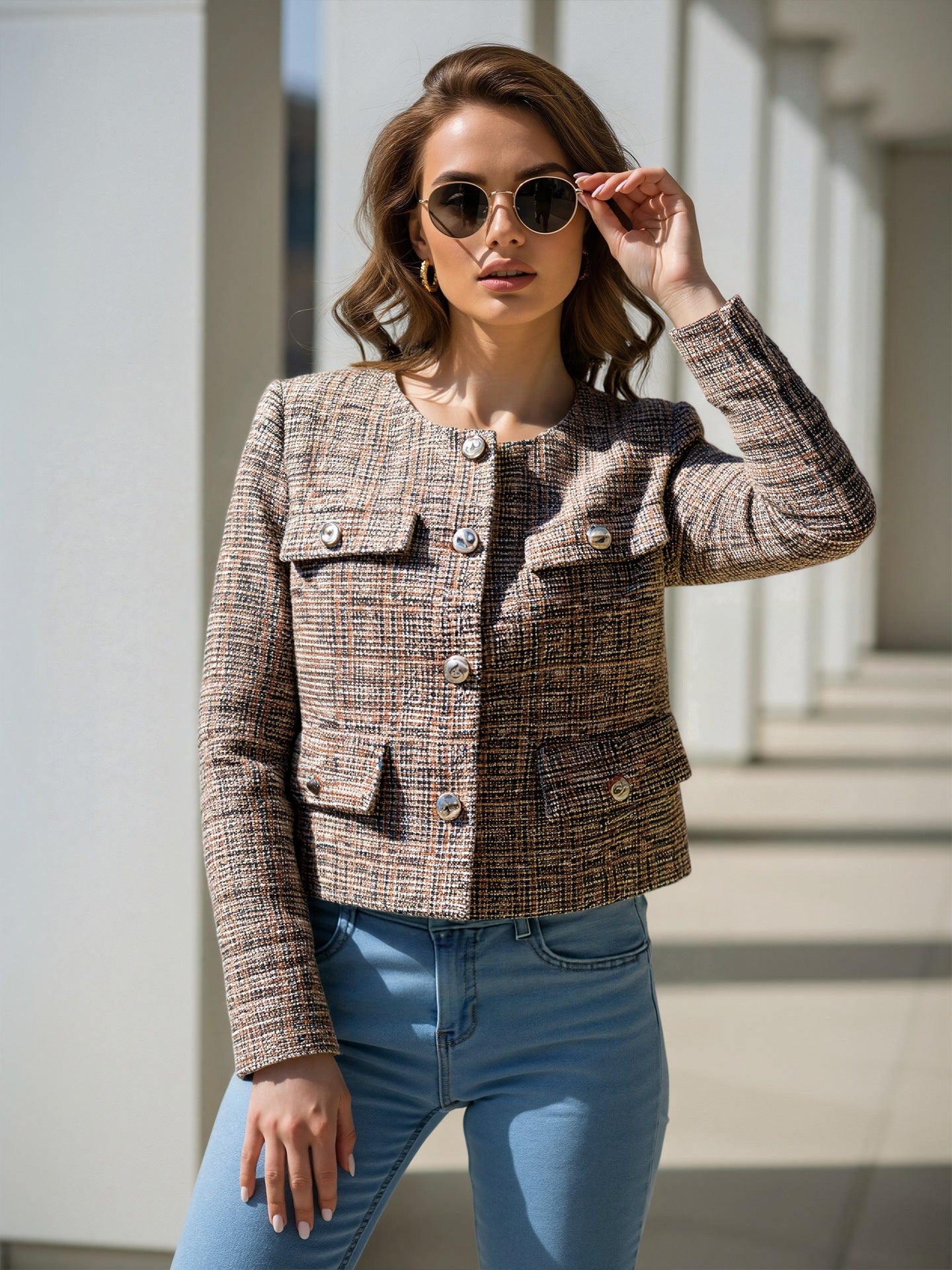 Cropped Tweed Jacket with Crew Neck and Button Front