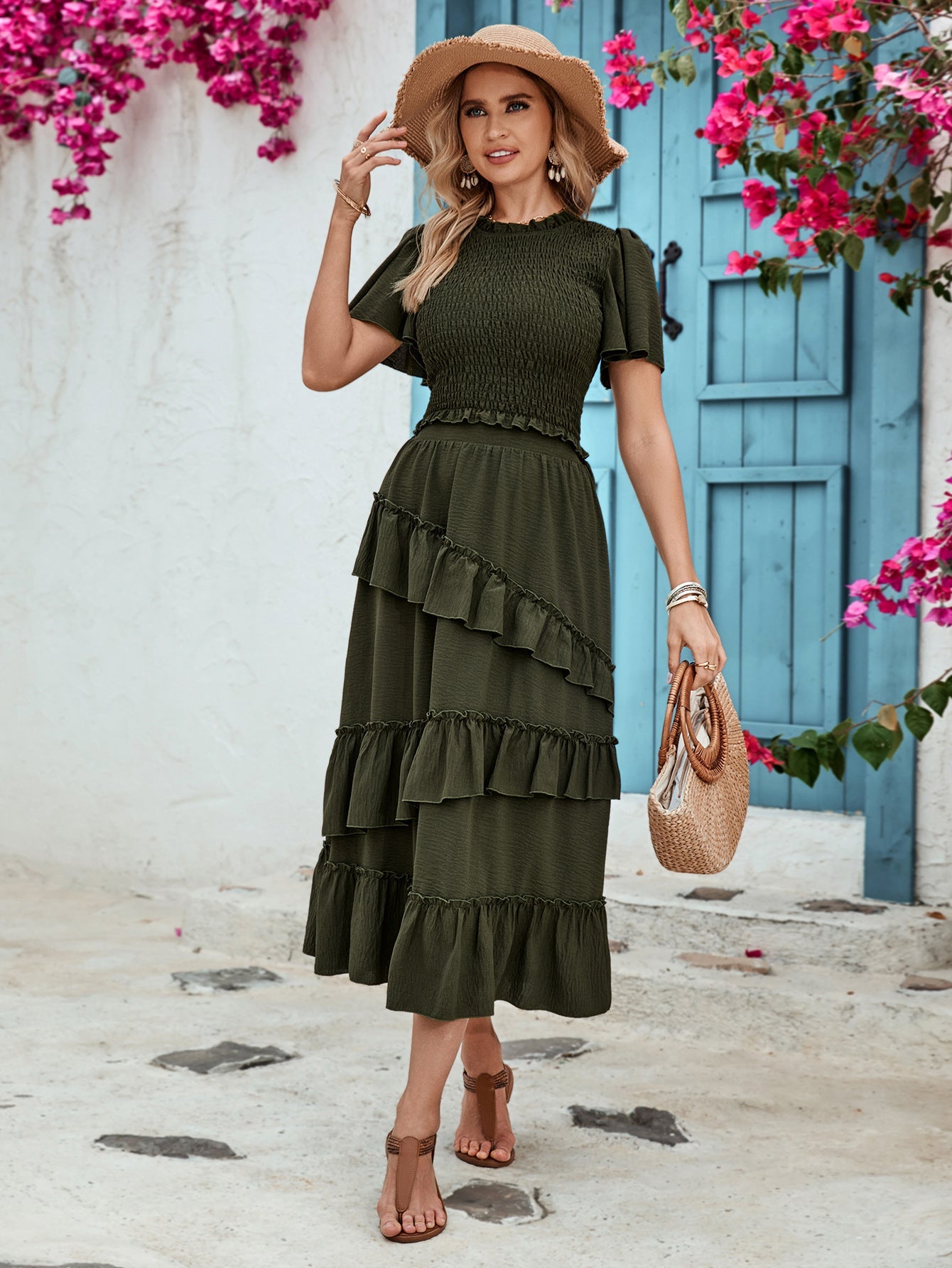 Smocked Two-Piece Set with Flutter Sleeves and Tiered Midi Skirt