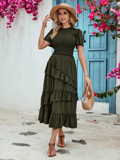 Smocked Two-Piece Set with Flutter Sleeves and Tiered Midi Skirt