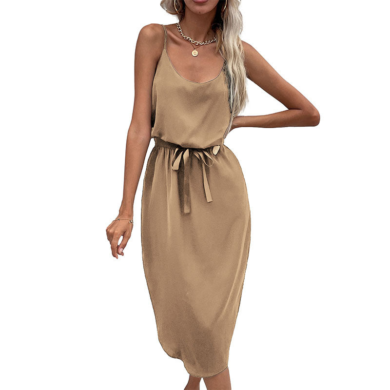 Solid A-Line Midi Dress with Spaghetti Straps and Waist Tie