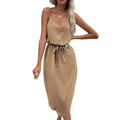 Solid A-Line Midi Dress with Spaghetti Straps and Waist Tie