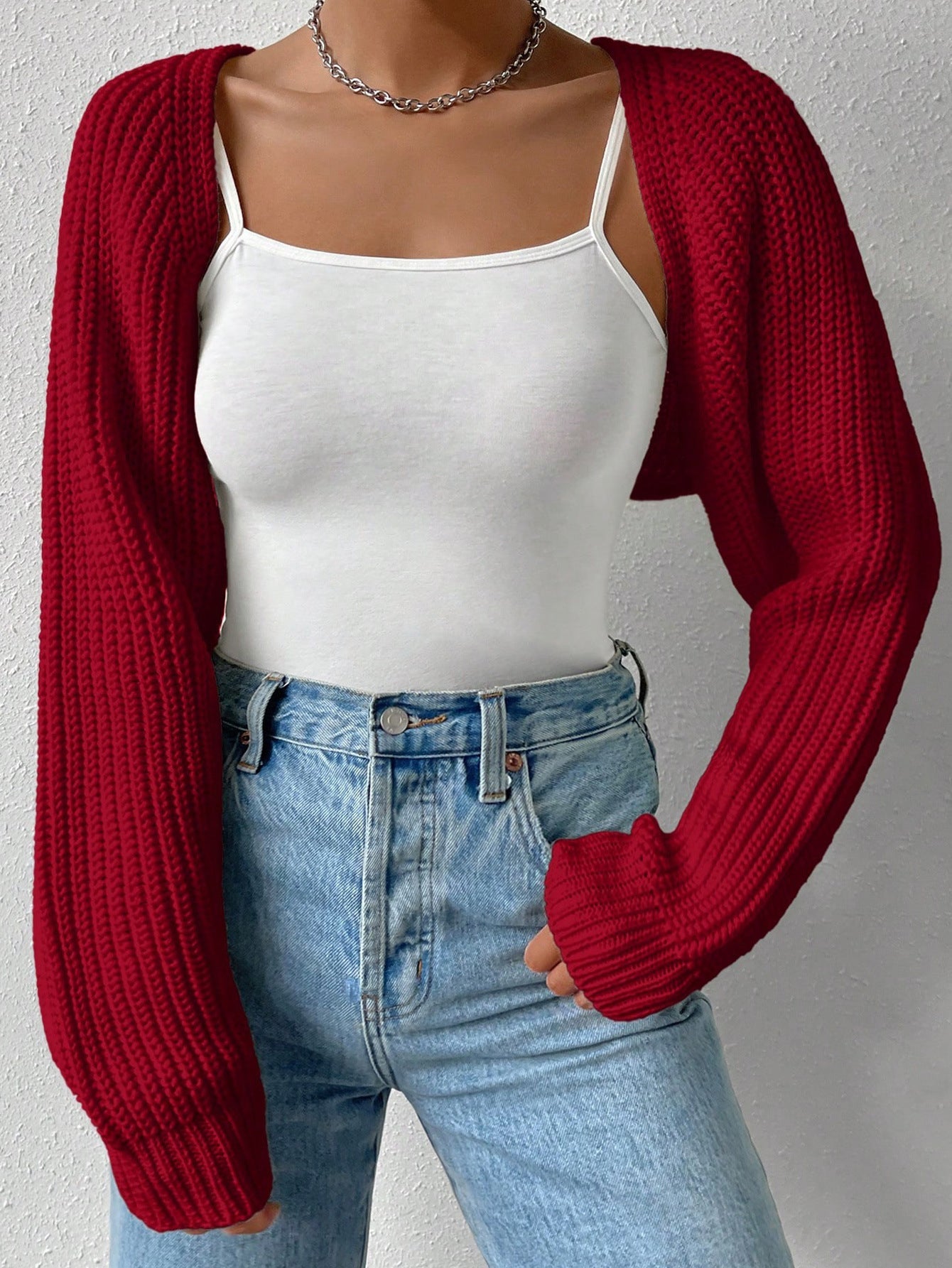 Cropped Ribbed Knit Shrug with Long Sleeves