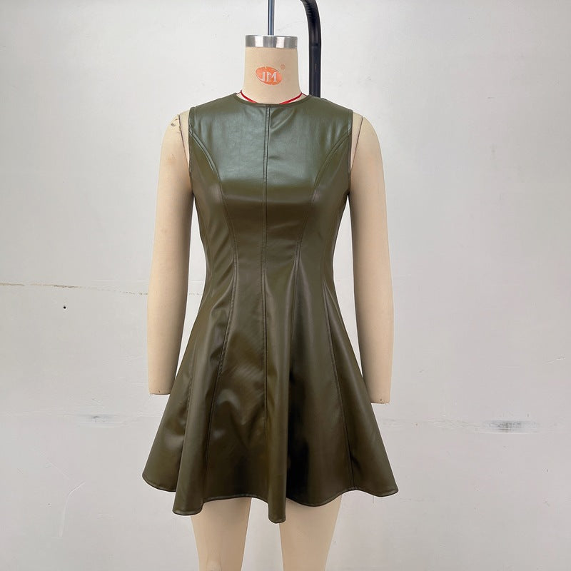 Sleeveless A-Line Mini Dress in Panelled PU Leather