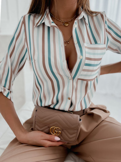 Printed Long Sleeve Button-Down Shirt with V-Neck