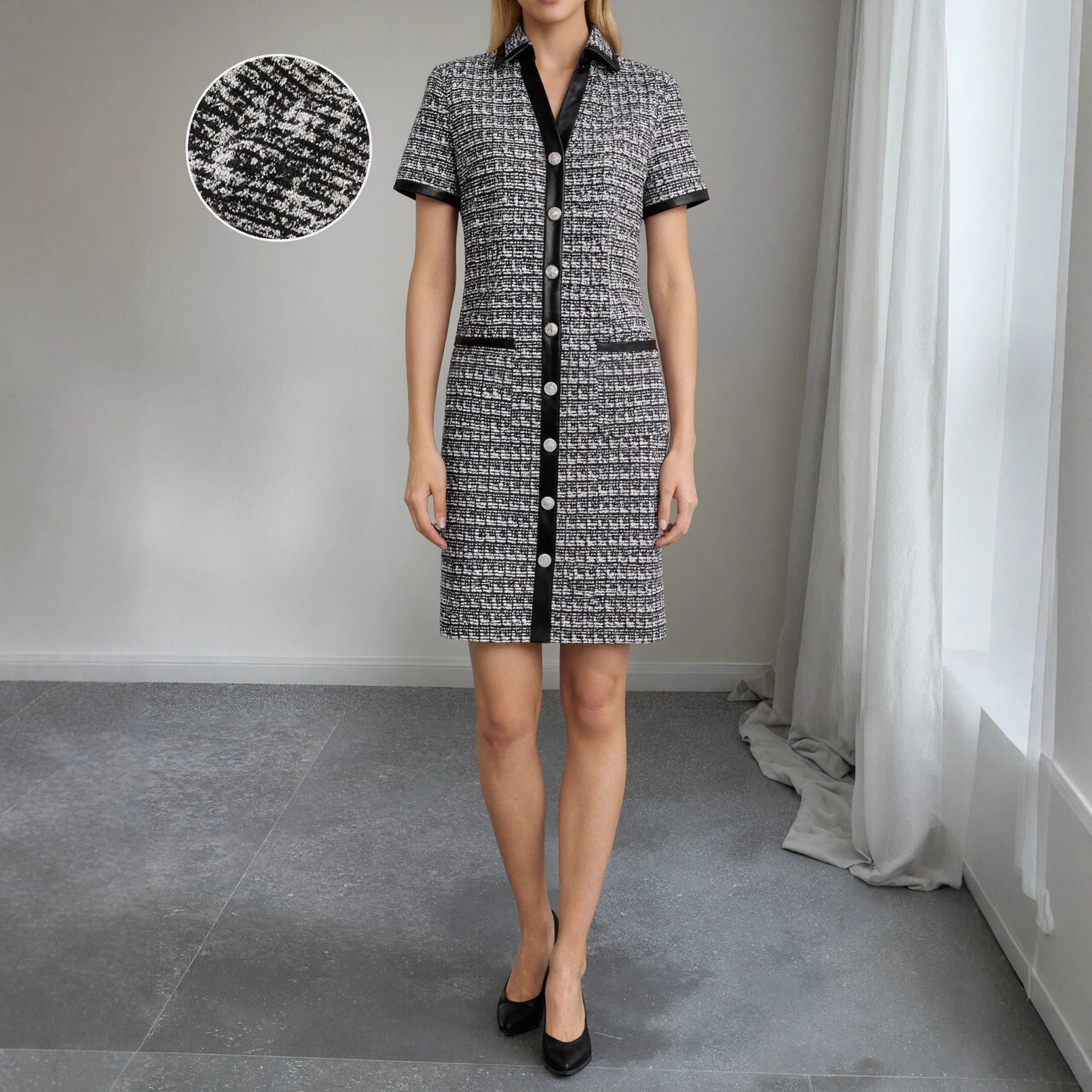 Tweed Plaid Sheath Dress with Faux Leather Trim