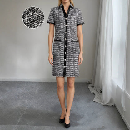 Tweed Plaid Sheath Dress with Faux Leather Trim