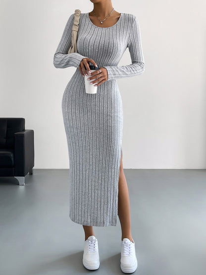 Long Sleeve Ribbed Knit Maxi Dress with Side Slit