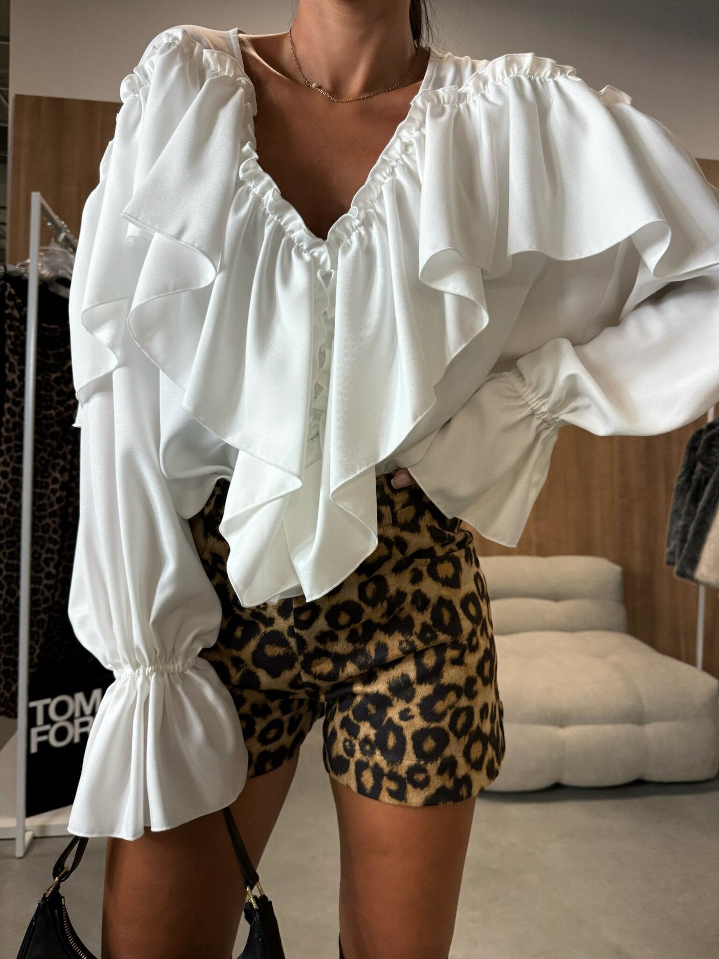 Voluminous Ruffled V-Neck Blouse with Long Sleeves
