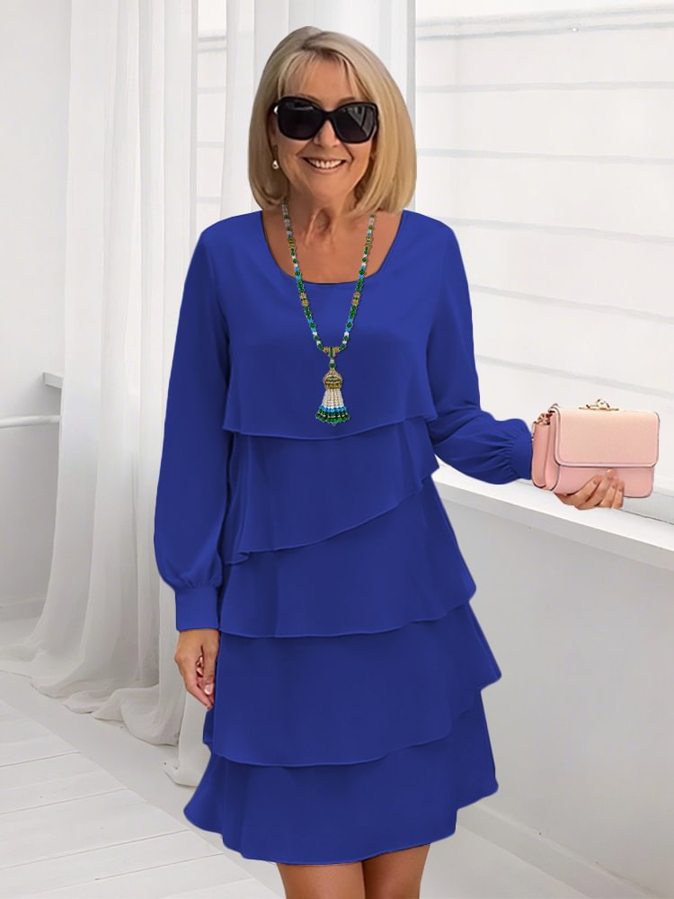 Tiered Ruffle Dress with Round Neck and Long Sleeves