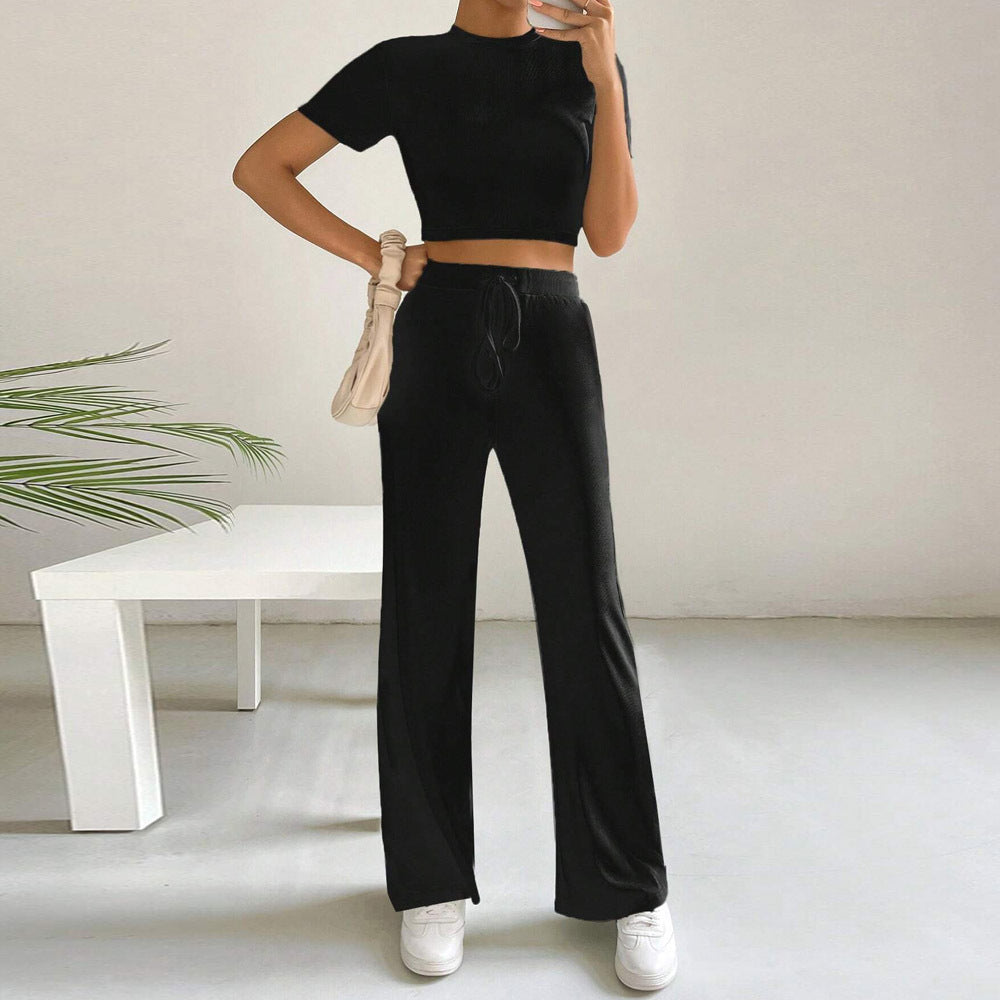 Ribbed Knit Two-Piece Set with Short Sleeve Crop Top and Wide-Leg Pants