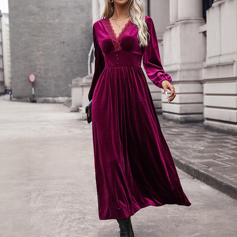 Velvet Midi Dress with Lace V-Neck and High-Low Hem