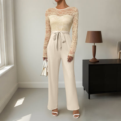Lace Long Sleeve Jumpsuit with Tie Waist