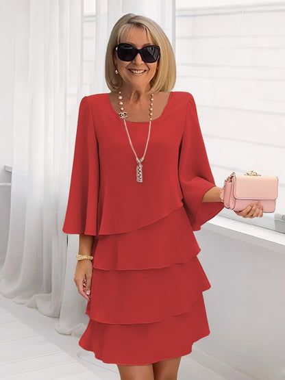 Tiered Dress with Round Neck and Three-Quarter Bell Sleeves