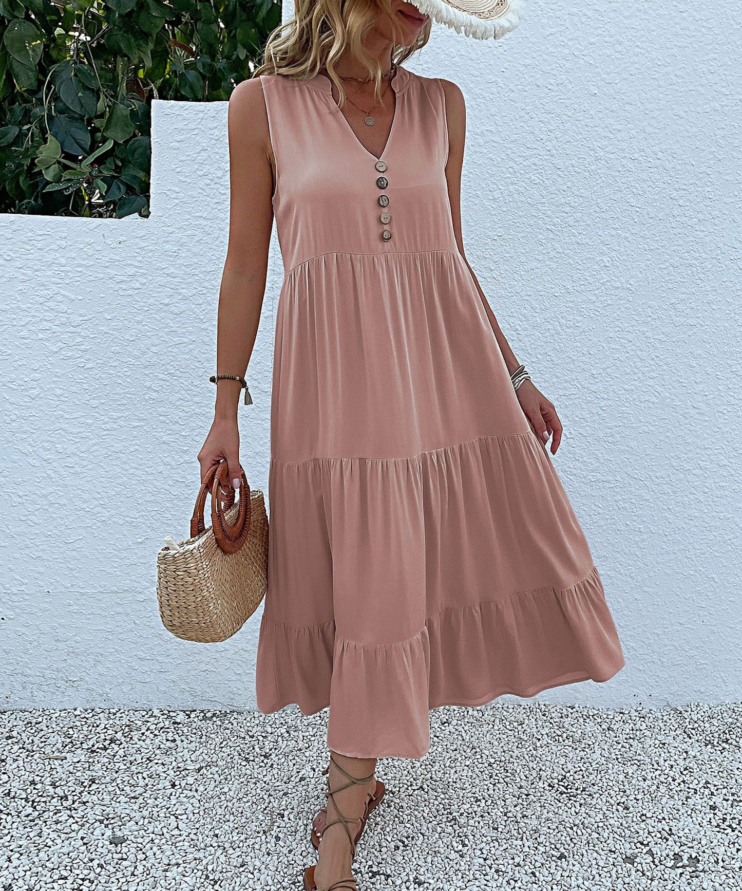 Solid A-Line Tiered Midi Dress with V-Neck and Sleeveless