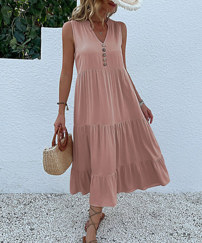 Solid A-Line Tiered Midi Dress with V-Neck and Sleeveless