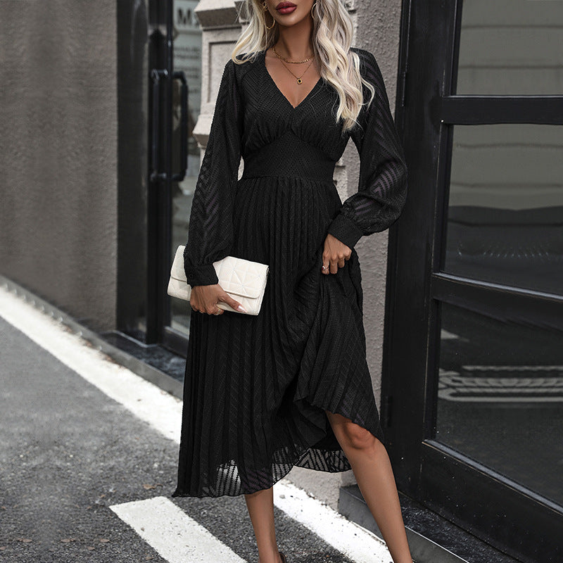 Pleated Midi Dress with V-Neck and Sheer Sleeves
