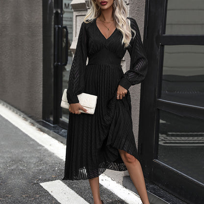 Pleated Midi Dress with V-Neck and Sheer Sleeves