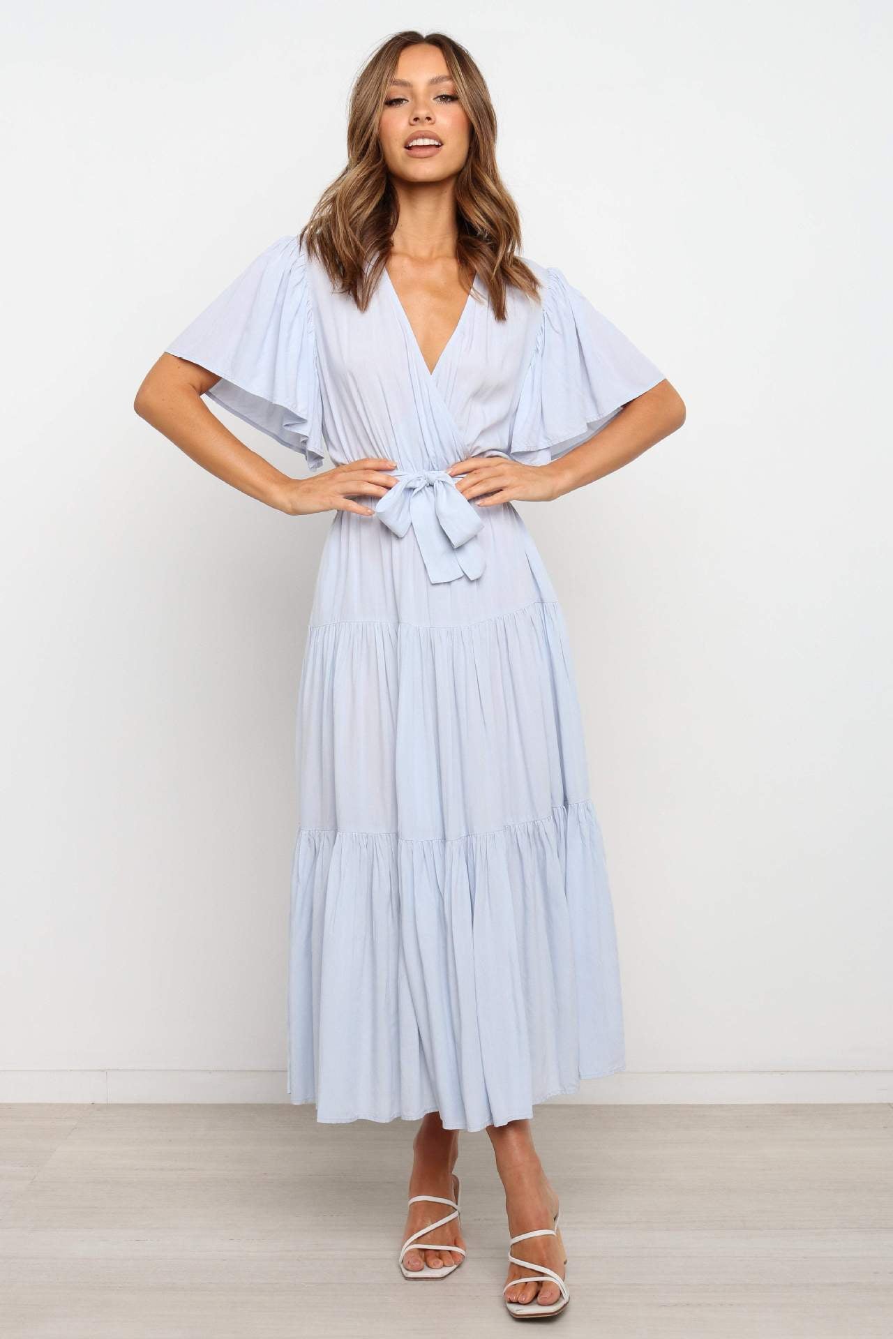 Tiered Maxi Dress with Wrap V-Neck and Flutter Sleeves