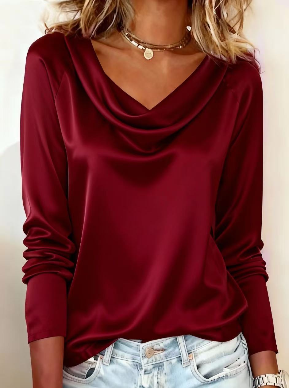 Solid Satin Cowl Neck Blouse with Long Sleeves