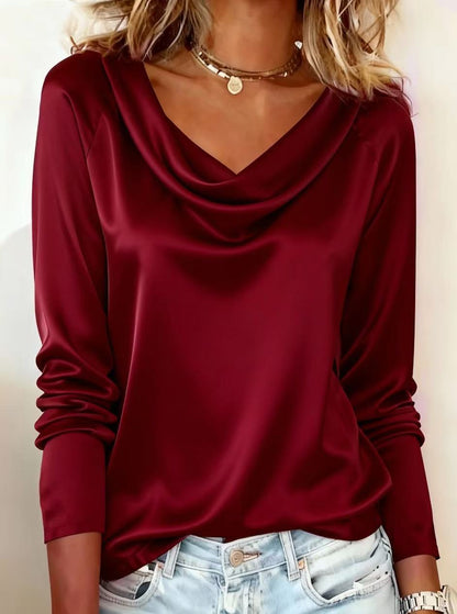 Solid Satin Cowl Neck Blouse with Long Sleeves