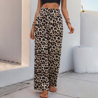 Leopard Print Wide-Leg Pants with High Drawstring Waist