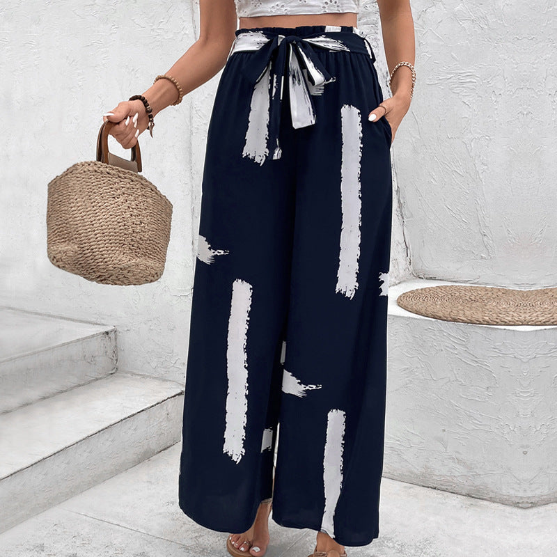 Brushstroke Print Wide-Leg Pants with Tie-Waist