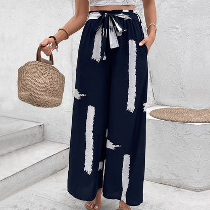 Brushstroke Print Wide-Leg Pants with Tie-Waist