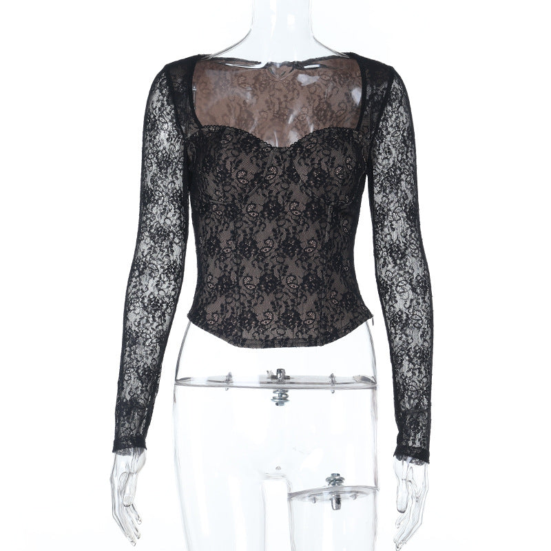 Long-Sleeve Floral Lace Corset Top with Sweetheart Neckline