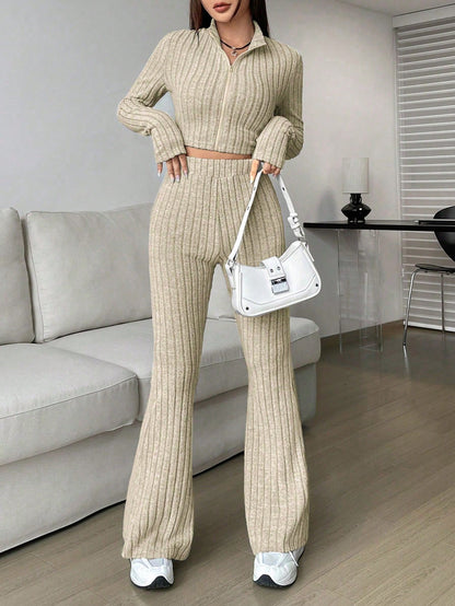 Ribbed Knit Two-Piece Set with Cropped Zip Top and Wide-Leg Pants