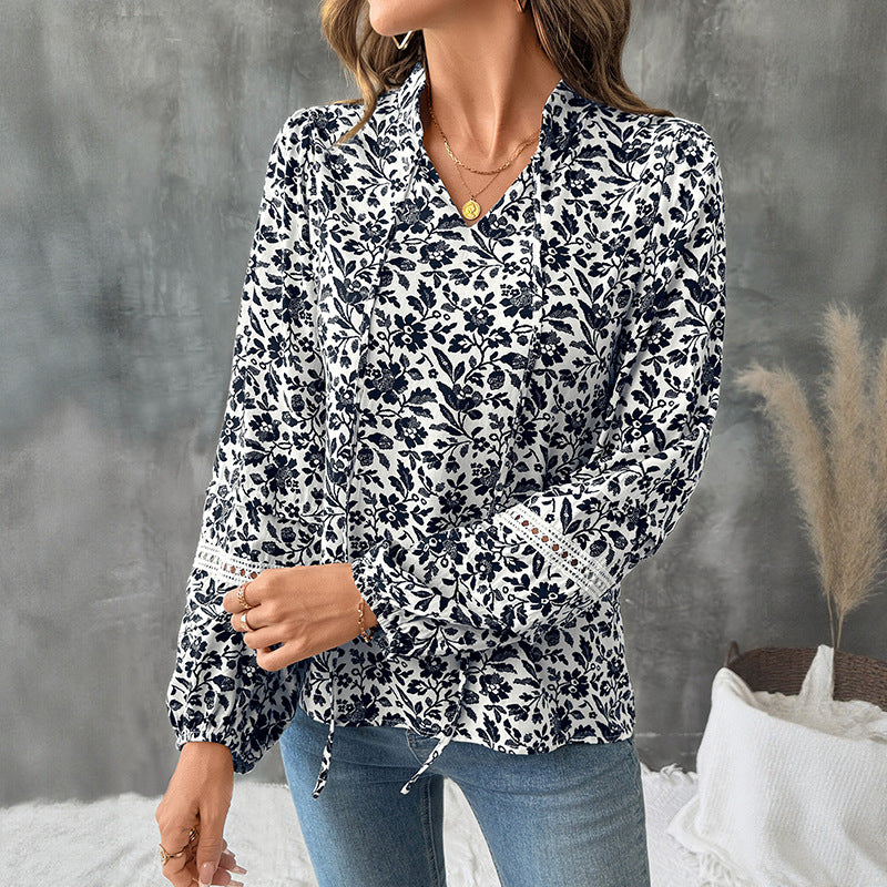 Floral Print Blouse with Puff Sleeves and Tie V-Neck