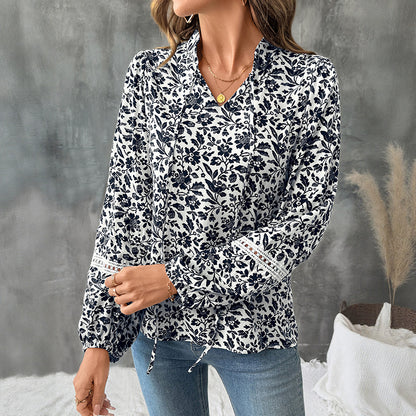 Floral Print Blouse with Puff Sleeves and Tie V-Neck