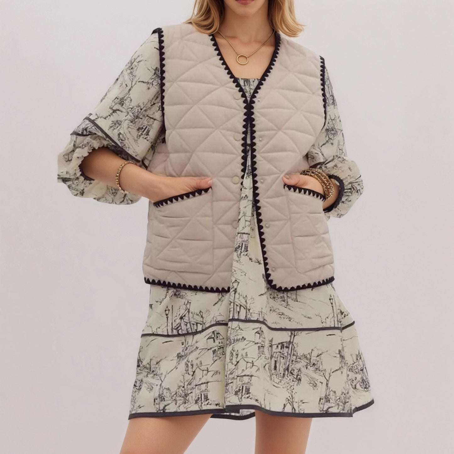 Light Apricot Quilted Vest with V-Neck and Scalloped Trim