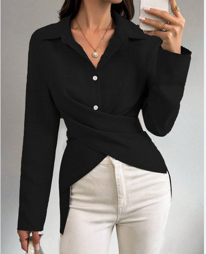 Solid Color Blouse with Crossover Wrap and Asymmetric Hem
