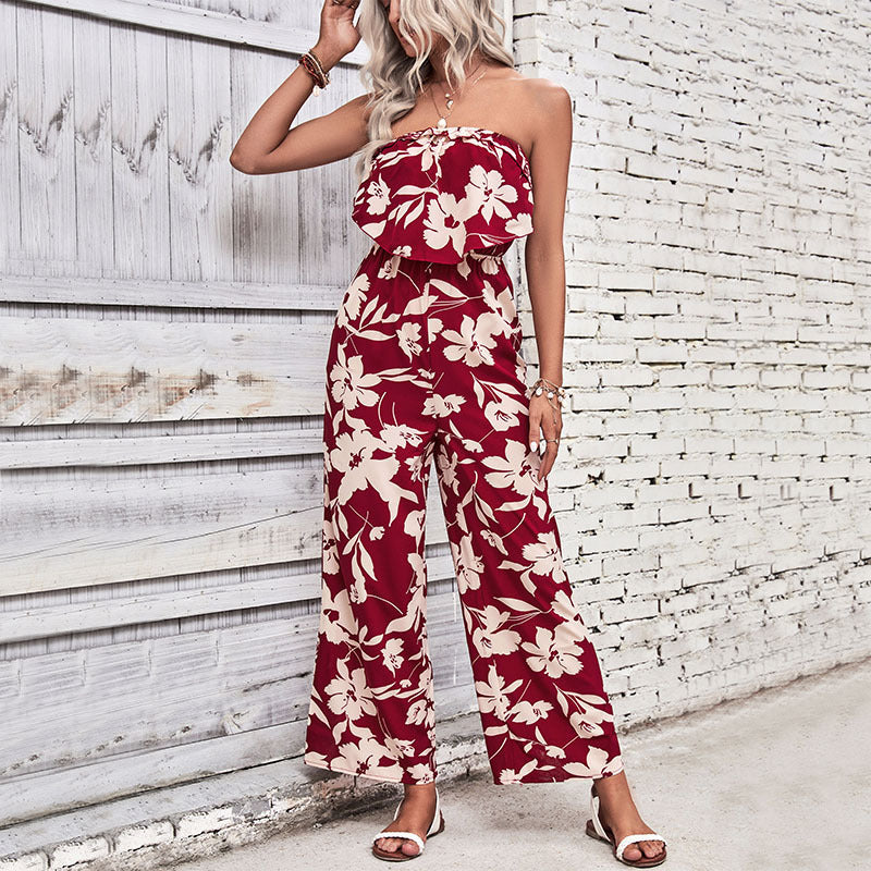 Floral Print Wide-Leg Jumpsuit with Strapless Ruffle Bodice