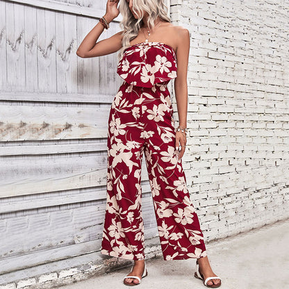 Floral Print Wide-Leg Jumpsuit with Strapless Ruffle Bodice