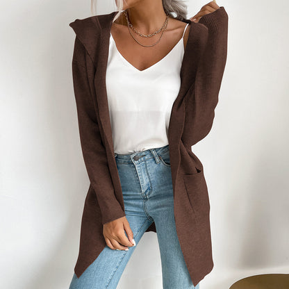 Long Open-Front Cardigan with Hood and Ribbed Knit