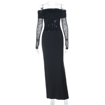 One-Shoulder Long Sleeve A-Line Dress With Slit Black