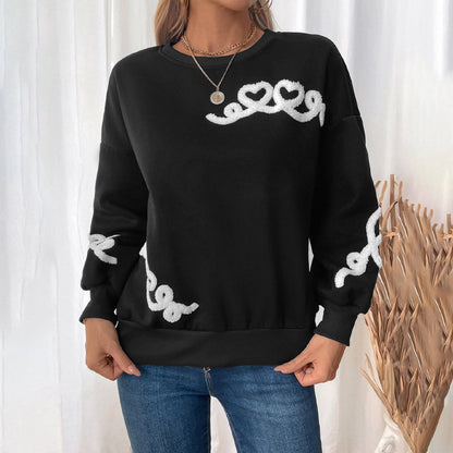 Heart Pattern Loose Sweatshirt with Round Neck and Warm Fleece