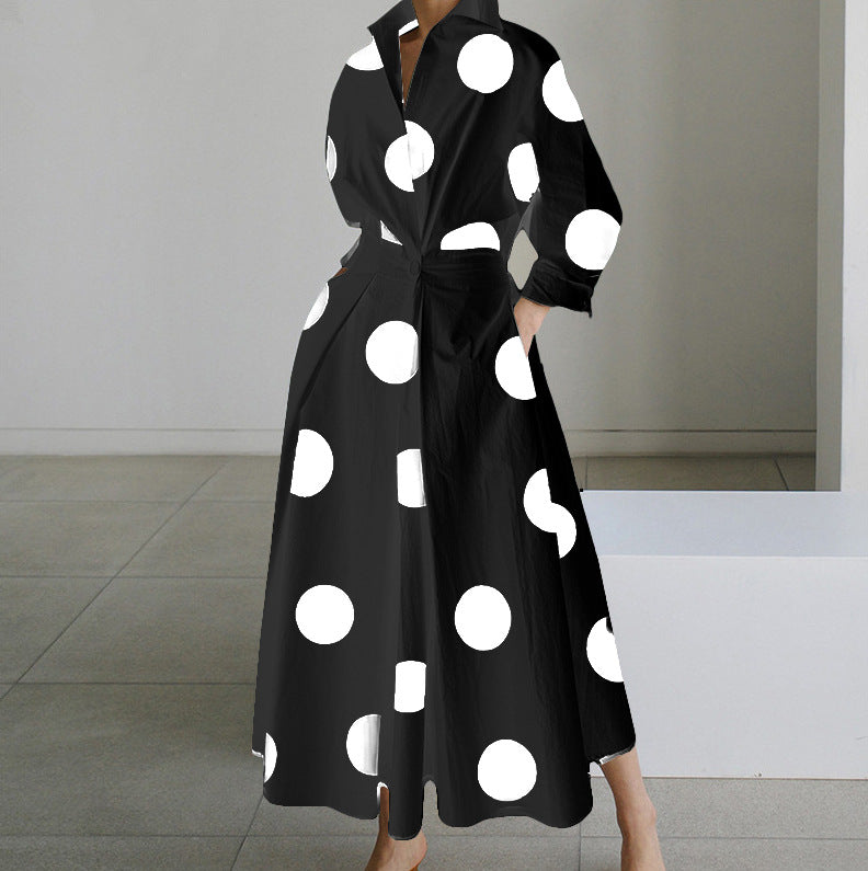 Polka Dot Maxi Shirt Dress with Nine-Quarter Sleeves
