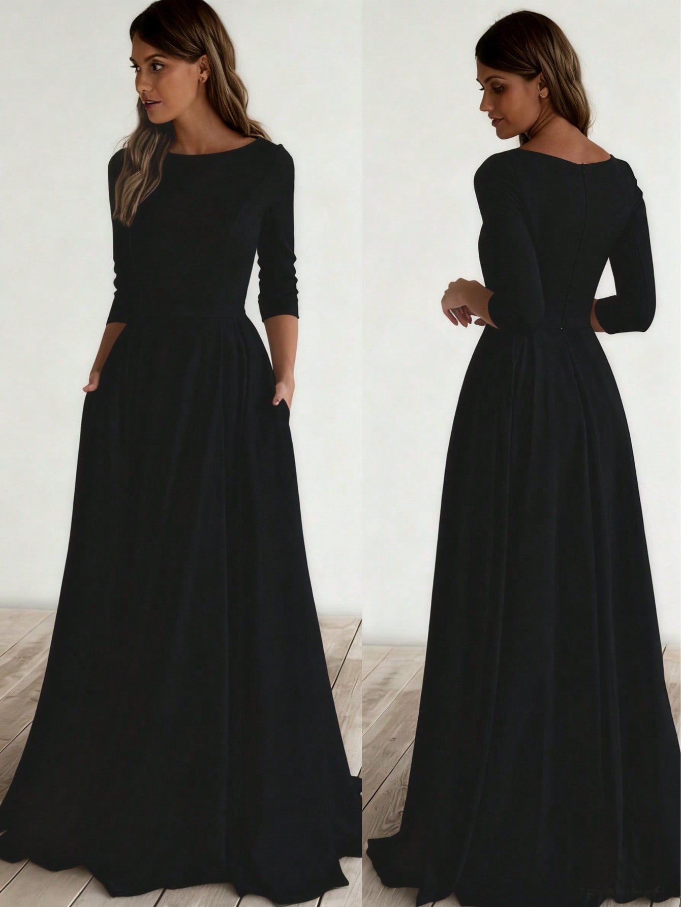 A-Line Maxi Dress with Nine-Quarter Sleeves and Pockets