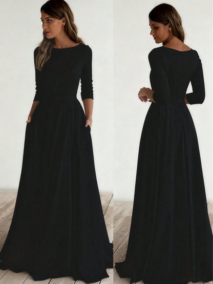 A-Line Maxi Dress with Nine-Quarter Sleeves and Pockets