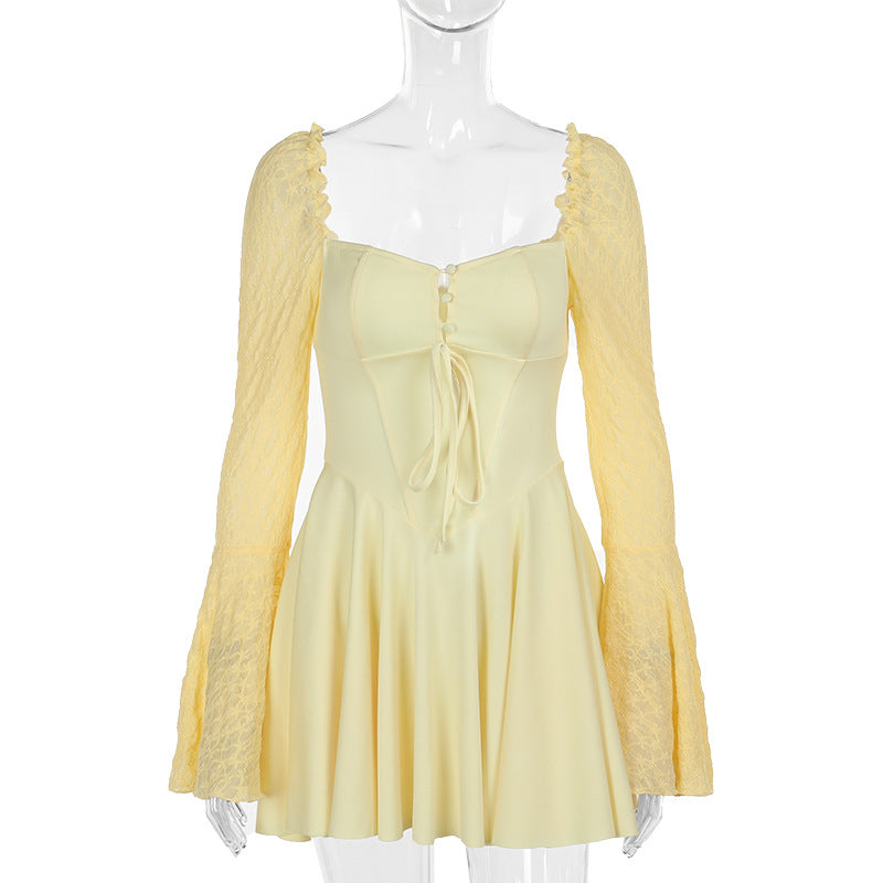 A-Line Mini Dress with Square Neck and Lace Bell Sleeves