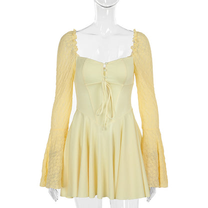 A-Line Mini Dress with Square Neck and Lace Bell Sleeves