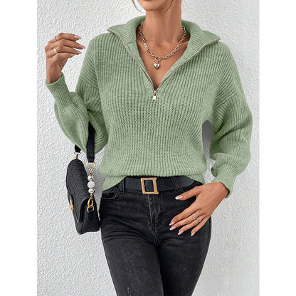 Loose Ribbed Knit Pullover with Half-Zip Polo Collar